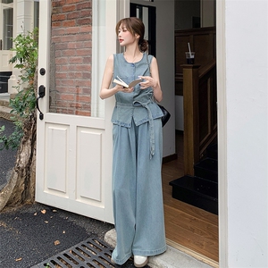 又a又飒薄款牛仔马甲上衣套装女夏季新款时尚洋气阔腿长裤两件套图片