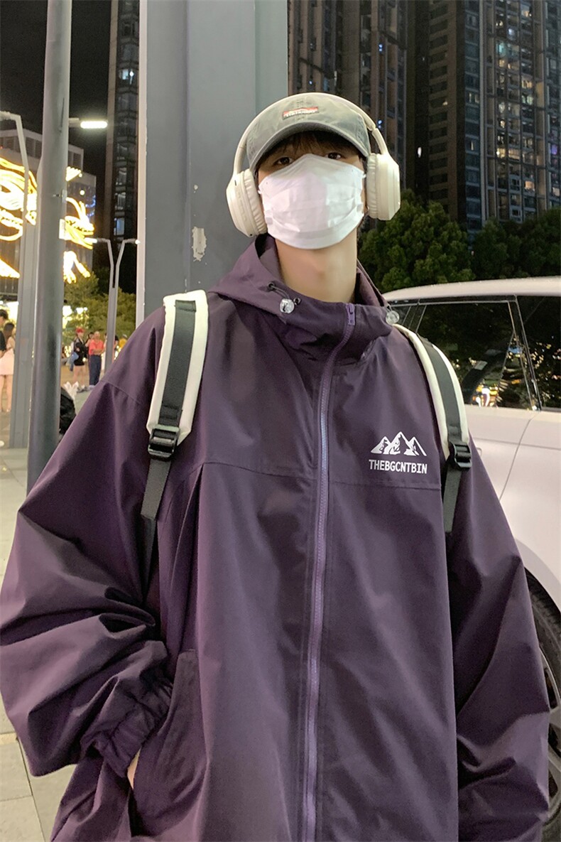 港风夜景时尚宽松字母印花连帽冲锋衣夹克F381P65控88,男装夹克,电商A247
