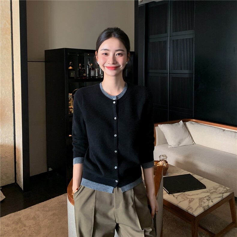 2025秋冬百搭时尚简约圆领拼色开衫,女装羊绒衫,玛卡隆羊绒