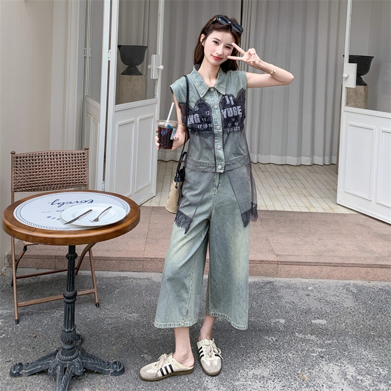 蓝色复古气质牛仔套装女2025夏新款韩版网纱拼接衬衫休闲裤两件套图片