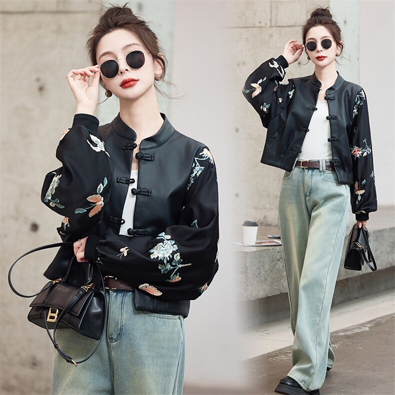 蝴蝶刺绣拼接盘扣皮衣外套女2025春新款休闲百搭新中式棒球服上衣,女装短外套,曼娅璐
