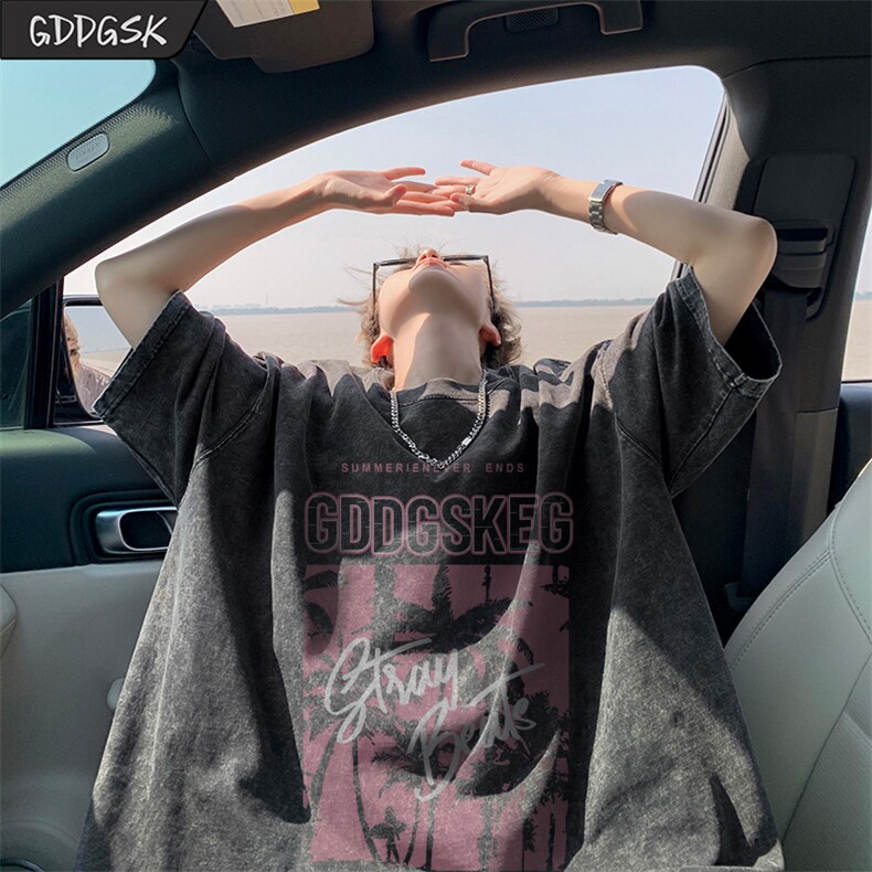 抖音得物供货240克重磅现货宽松美式纯棉水洗做旧印花T恤ATSX02,男装T恤,电商A443
