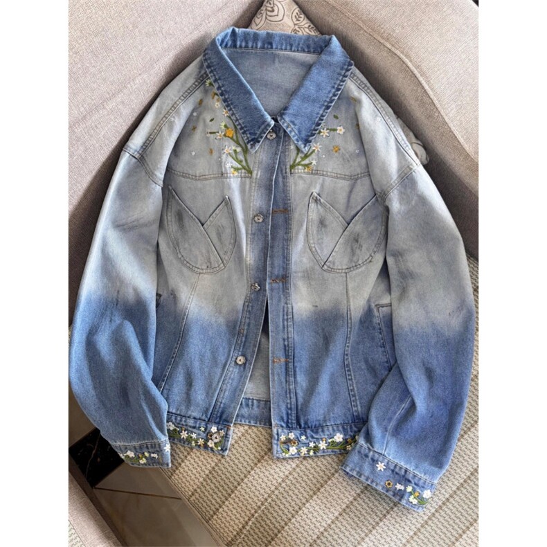 JK8973-P73 美式复古秋季新款花卉潮牌设计感渐变刺绣牛仔夹克图片