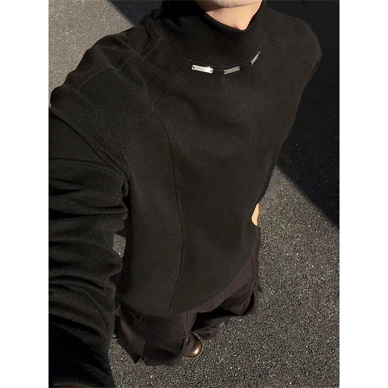 黑色半高领德绒打底衫男款冬季内搭项链长袖t恤重磅美式正肩卫衣,男装T恤,四季星座505