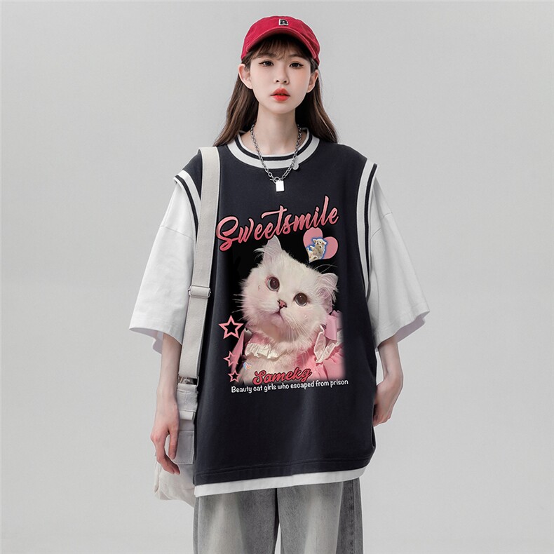 ！夏季时尚可爱小猫印花假两件背心短袖T恤女T6618P40控58,男装背心/马甲,电商A268