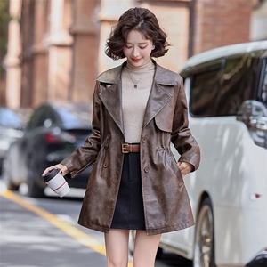 韩城.复古西装pu皮衣皮风衣中长外套女抽绳双排扣2025春盐系洋气s图片