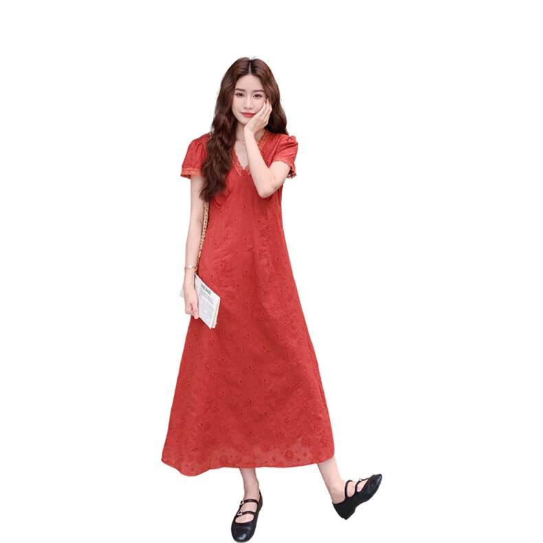 休闲日系氛围感蕾丝拼接连衣裙女2025夏季复古优雅文艺风百搭长裙,女装连衣裙,2C009