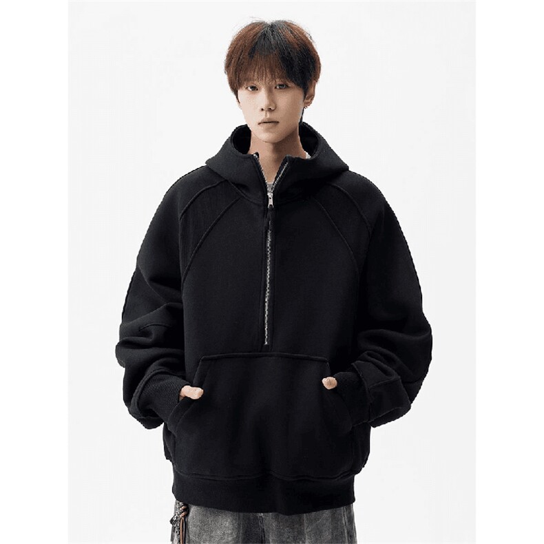抖音得物高品质二开26春装重磅宽松结构拉链设计高领连帽卫衣W76,男装卫衣,电商A486