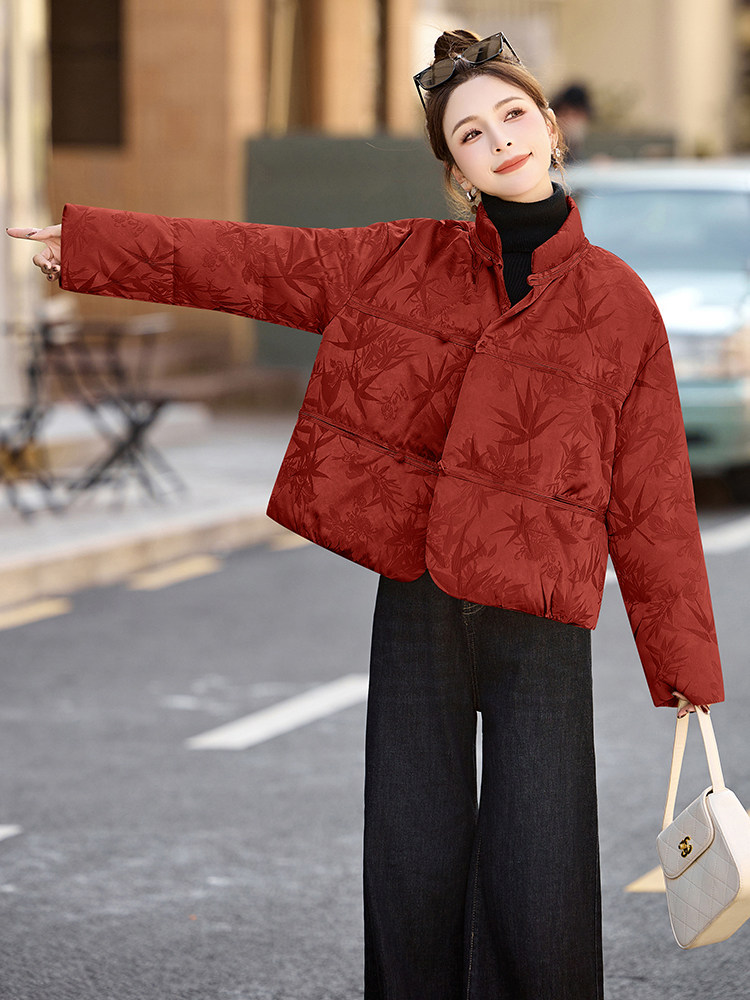 新中式国风提花短款羽绒服女2025冬季新款独特气质盘扣白鸭绒外套,女装羽绒服,橙子家
