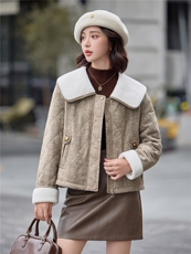 夹棉外套女2025秋秋冬新款小个子巨好看的羊羔毛大翻领轻薄小棉袄，女装棉衣/棉服，依路服饰