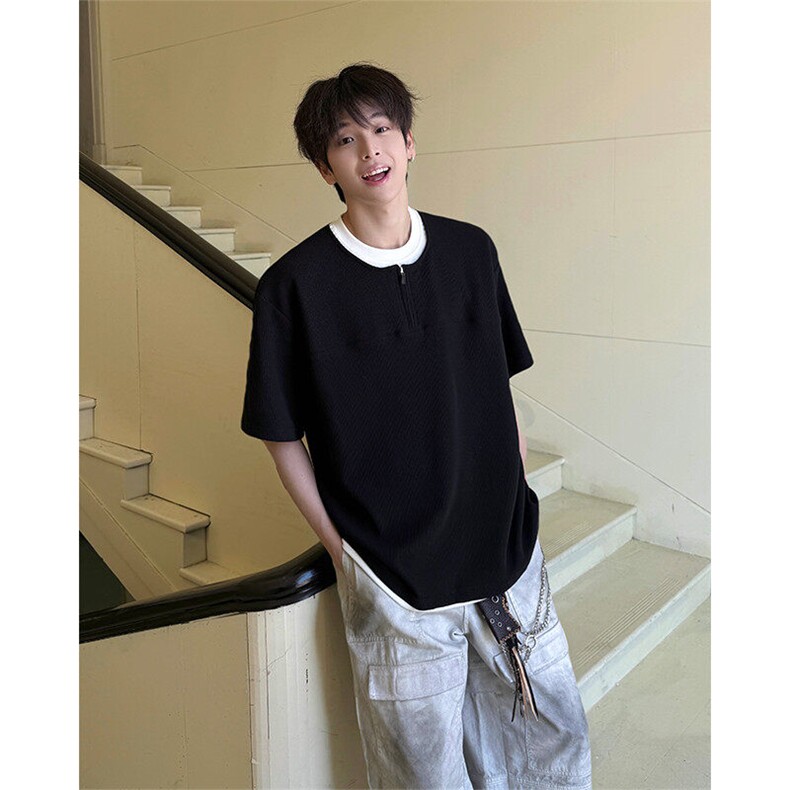 韩系慵懒高级感假两件极简拼接撞色短袖上衣T恤夏季短袖上衣 P42图片
