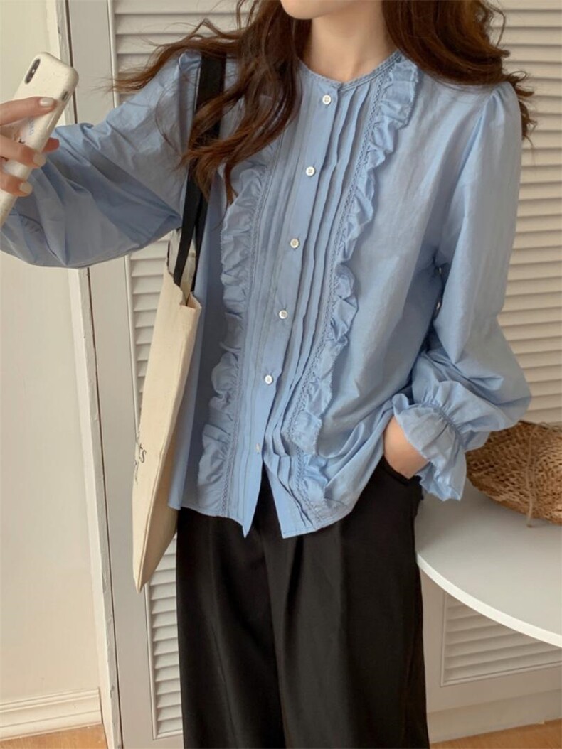 【小衫】圆领花边褶皱韩系小衫，其它，DAP
