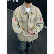 2025美式复古黄泥色做旧牛仔外套宽松休闲百搭夹克上衣JK1149-P95，男装夹克，星座1103-3