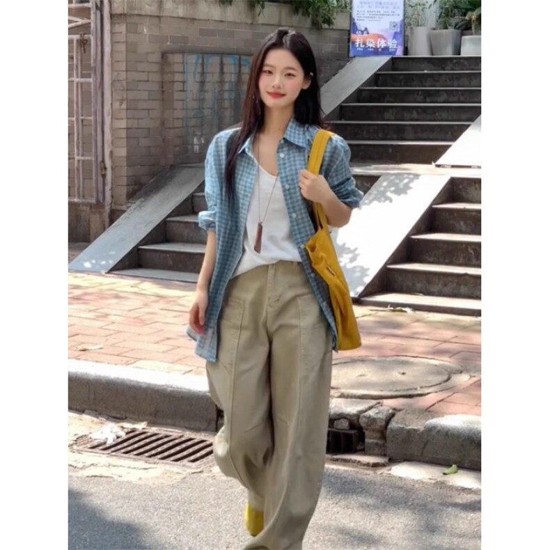 TC767-P45蓝色格子衬衫上衣女2026新款夏季薄款慵懒风休闲宽松,女装衬衫,星座617A-2
