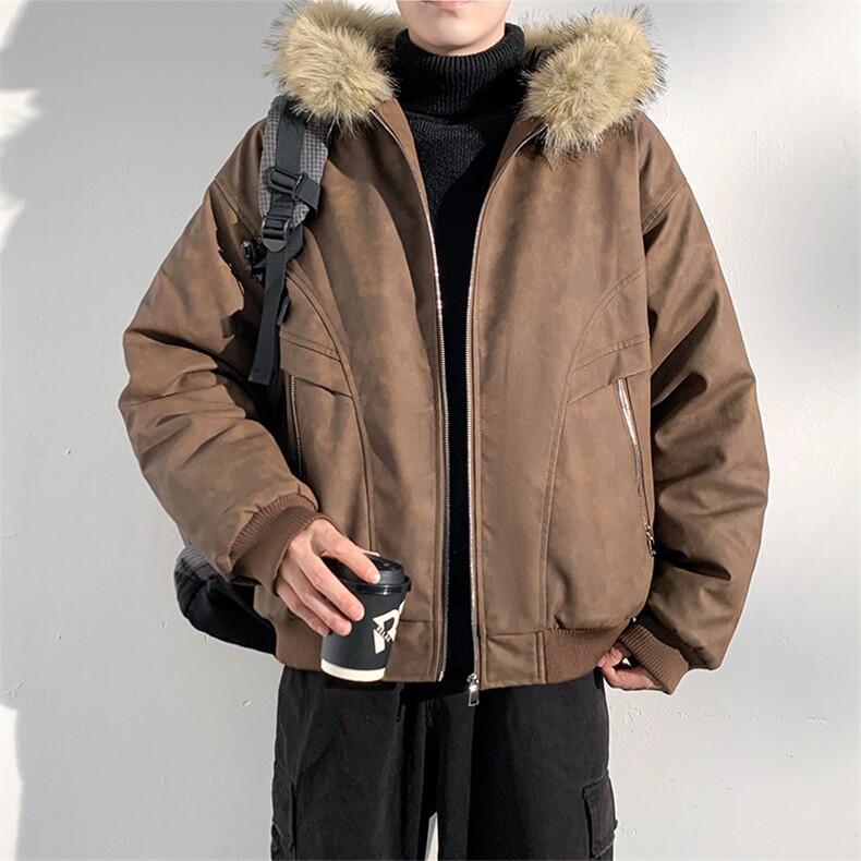 现货扎染PU皮棉服男冬季加厚连帽棉衣座山雕大毛领外套M090-P120,男装棉衣,星座308B-2