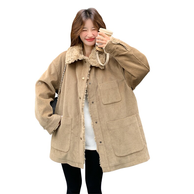 韩系翻领灯芯绒羊羔毛拼接羽绒服女冬季宽松加厚保暖中长款外套潮,女装羽绒服,2C292