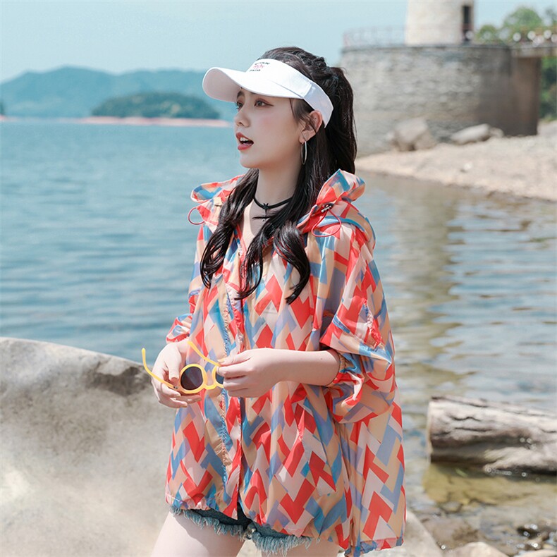 印花防晒衣女中长款2025夏季新款韩版宽松大码轻薄透气开衫外套潮,女装防晒衣,可可小西