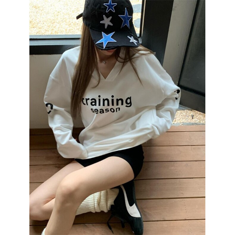 QC012-P55美式字母印花V领宽松T恤女早秋慵懒感休闲中长款上衣,男装T恤,星座617A-2