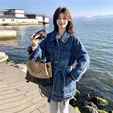 复古工装风翻领绑带蓝色牛仔外套女2026春季新款宽松显瘦气质上衣，女装短外套，2C159