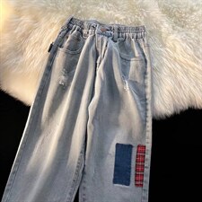 破洞牛仔裤男宽松直筒夏季贴布韩版潮流九分NK162P40图片