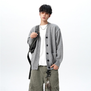 8XL-M大码V领开衫毛衣外套男日系复古宽松慵懒风针织衫KS002p55图片