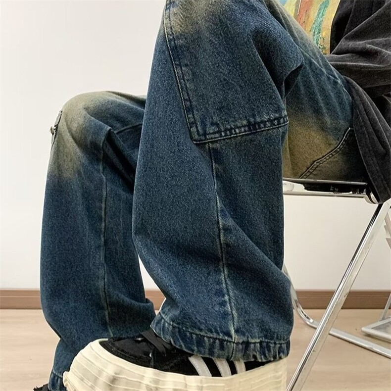 美式高街做旧牛仔长裤潮流复古水洗宽松微喇叭长裤男女7004/P50,男装休闲裤,星座506