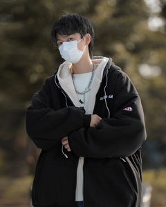 冬季羊羔毛加绒连帽外套男美式复古ins宽松卫衣棉服 W7973-P74图片