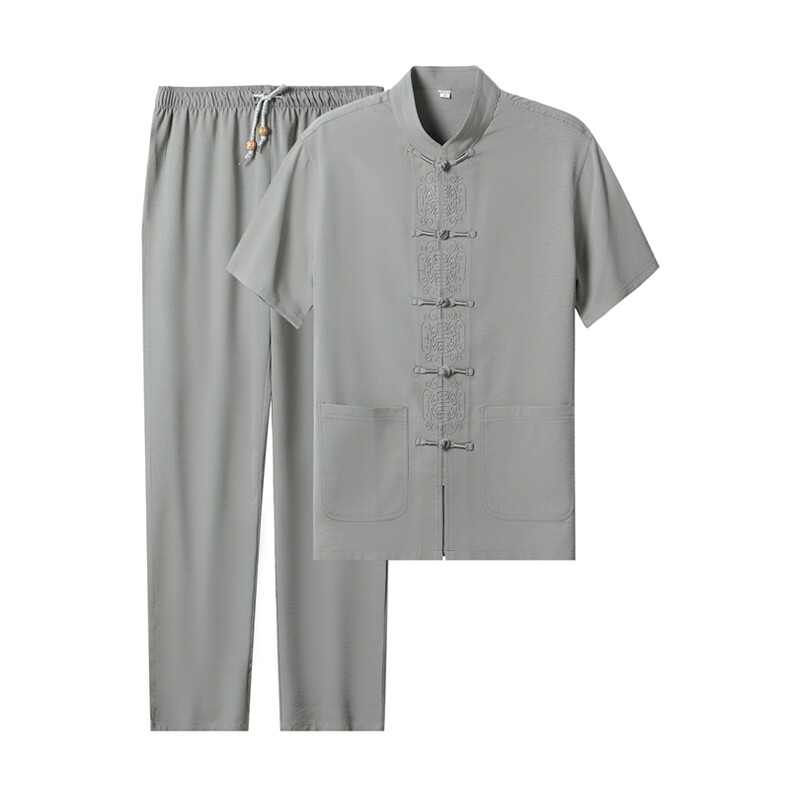 夏款男中老年高档唐装太极服中式刺绣立领短袖风时尚衬衫套装，男装中老年男装，钱塘723