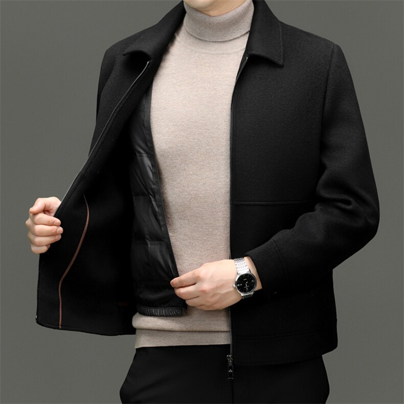 高端中年绵羊毛白鸭绒内胆夹克男秋冬中老年羊毛双面呢上衣外套，男装毛呢大衣，钱塘723