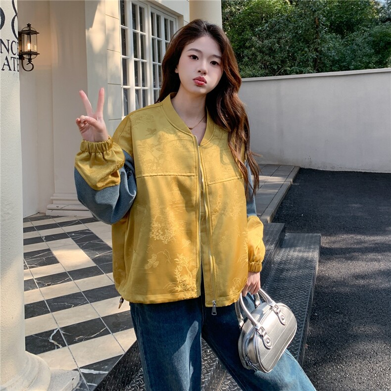 新中式国风拼接黄色短外套女春秋2025新款小个子小众百搭休闲夹克,女装短外套,2C057