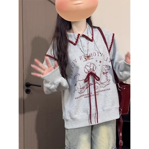 早秋小个子韩系百搭内搭上衣oversize美式高街休闲风灰色印花卫衣
