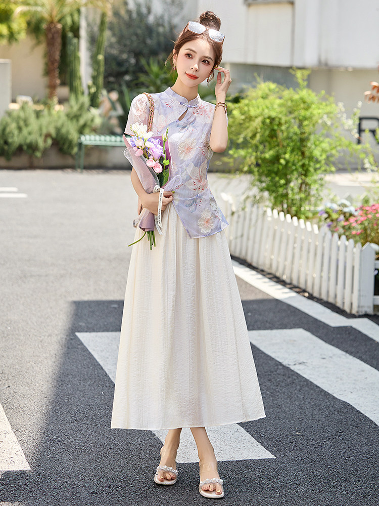 2025夏季新款新中式风禅意复古盘扣上衣碎花半身裙女,女装连衣裙,布芭啦