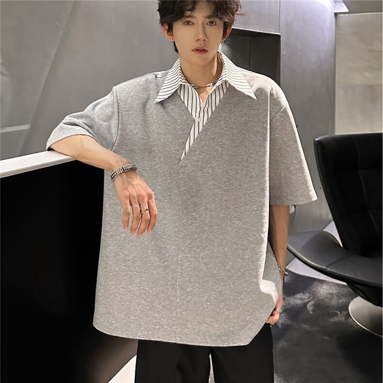 网图美式假两件POLO衫男款夏季设计感条纹衬衫领上衣YY813-P35，男装Polo衫，电商C216