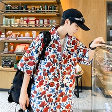 油画复古巴满印花衬衫男潮流港风高弹情侣短袖慵懒衬衣男C649，男装衬衫，星座1116A-1（原606A）