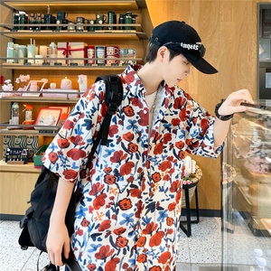 油画复古巴满印花衬衫男潮流港风高弹情侣短袖慵懒衬衣男 C649图片