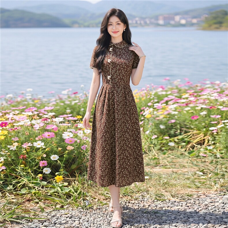 全棉碎花连衣裙夏季新款收腰显瘦田园风优雅裙子,女装连衣裙,水衣源