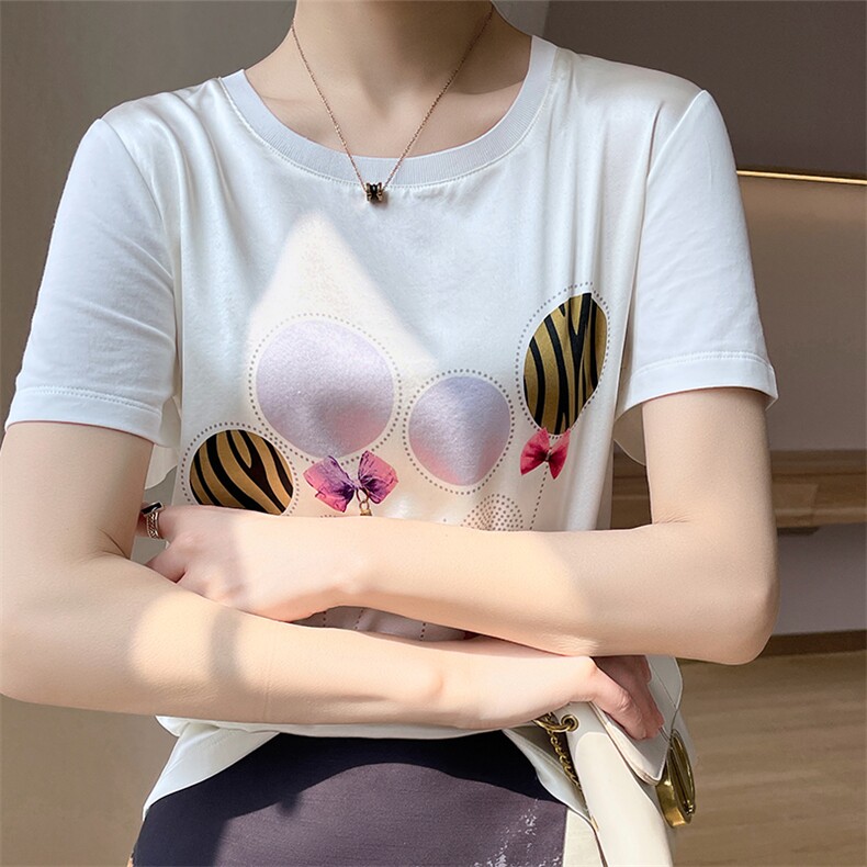 重磅真丝t恤女短袖印花桑蚕丝白色圆领小衫2024夏装半袖短款上衣图片