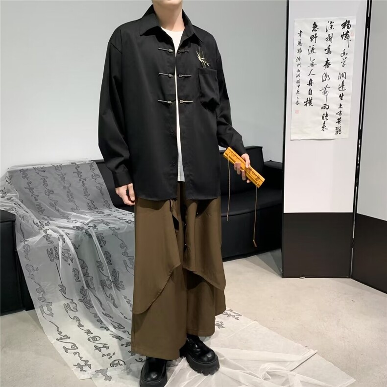新中式轻风衬衫男女夏季竹叶刺绣盘扣衬衣风冰丝长袖,男装衬衫,星座601-2