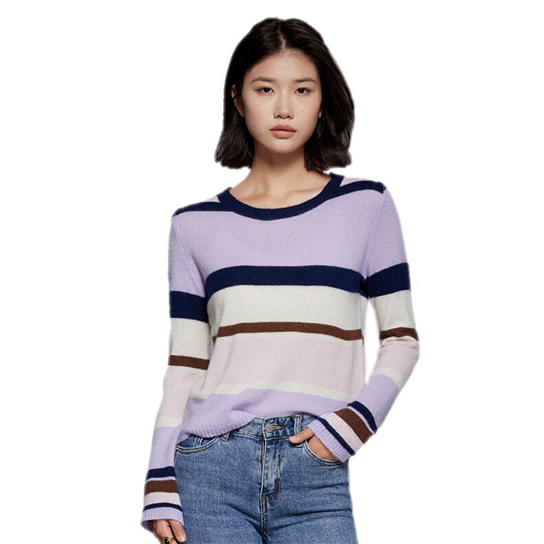 35%羊绒衫秋冬季新款舒适时尚百搭女式条纹拼接简约上衣,女装羊绒衫,隆秋羊绒