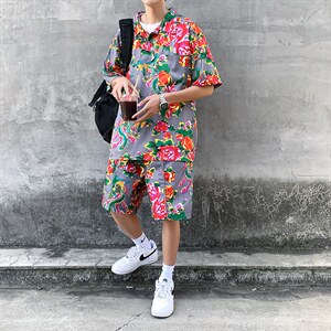 夏季东北碎花大码宽松休闲短裤男方领短袖两件装套装P控88，男装牛仔裤，电商A089-1