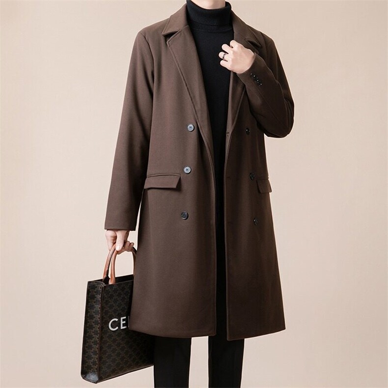 男士冬季外套加厚毛呢大衣男款冬季韩系中长款韩版双排扣呢子风衣，男装风衣，星座601-1