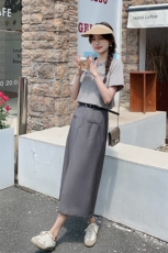 超好看灰色连衣裙套装女2025夏新款减龄字母t恤开叉半身裙两件套，女装套装/套裙，浙宝203
