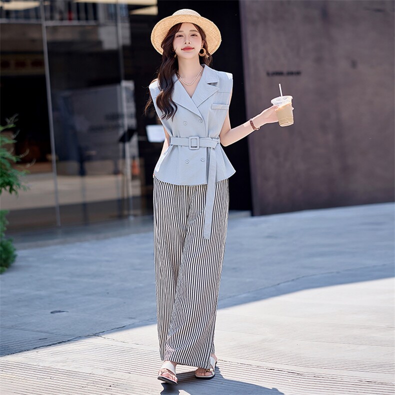 韩系时尚休闲套装2025超火夏装气质减龄无袖衬衫条纹阔腿裤两件套，女装套装/套裙，依路服饰