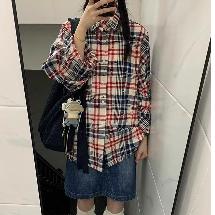 春季美式格子长袖衬衫男女新款磨破休闲宽松情侣外套潮LB4077-P45图片