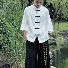 风新中式新款春夏复古冰丝网红立领衬衫CS68-P60，男装衬衫，电商A021