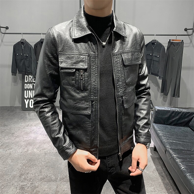（店主风）秋季修身款皮衣男士翻领水洗夹克外套C301B-PY08,男装皮衣,电商C301B