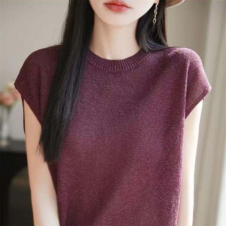 2025夏季薄款桑蚕丝天丝针织短袖女欧货高端无袖背心t恤包袖上衣,女装T恤,萱芳婷羊绒