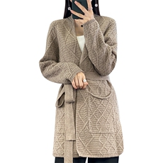 中长款100%纯羊毛开衫女V领重磅加厚腰带外套毛衣宽松羊绒衫上衣，女装羊毛衫，狄美羊绒