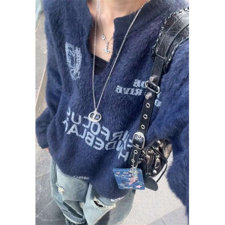 美式复古徽章印花V领球服运动风针织衫毛衣秋季男女同款外套图片