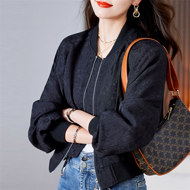2025春秋新款宽松休闲提花棒球服外套女短款洋气夹克衫高级感上衣,女装短外套,美沁